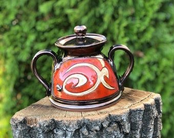 Red Pottery Sugar Bowl, Ceramic Honey Pot, Unique  Sugar Keeper, Handmade Sugar Caddy, Sugar Bowl with lid, Ceramic Sugar basin