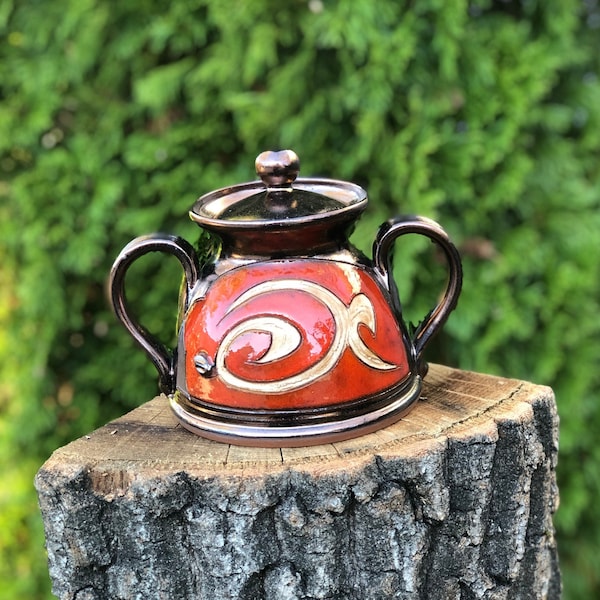 Red Pottery Sugar Bowl, Ceramic Honey Pot, Unique  Sugar Keeper, Handmade Sugar Caddy, Sugar Bowl with lid, Ceramic Sugar basin