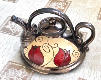 Ceramic Teapot with Tulips, Handmade Pottery Tea Pot, Unique Tea Maker, Artistic Wedding Gift