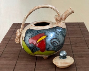 Cute Ceramic Teapot, Handmade Pottery Teapot with flowers, Unique Earthen Tea Maker, Kitchen Decor, Triushi Studio Pottery