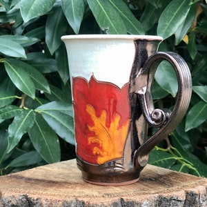 Ceramic Coffee Mug, Orange Flower Cup, Wheel Thrown Pottery Mug, Handmade Teacup, Coffee Lovers Gift, Tri Ushi image 1