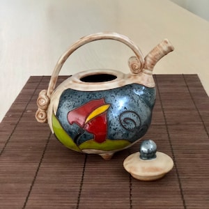 Cute Ceramic Teapot, Handmade Pottery Teapot with flowers, Unique Earthen Tea Maker, Kitchen Decor, Triushi Studio Pottery
