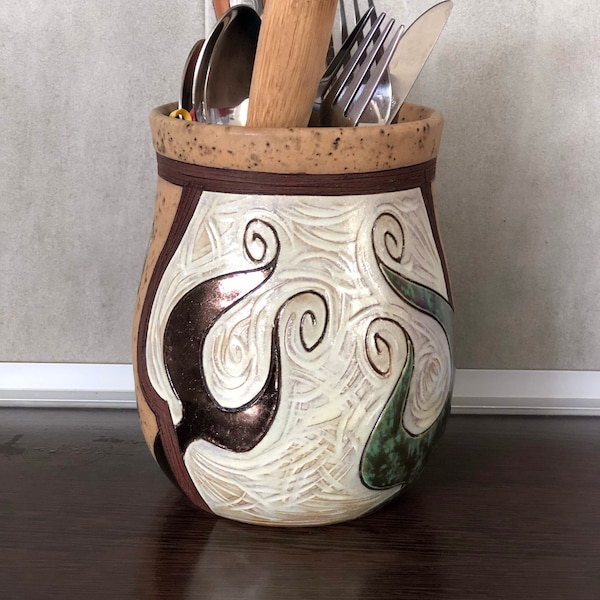 Tulipe Porte-ustensiles de cuisine spécial - Grand pot en céramique - Vase jeté à la main - Décoration intérieure moderne - Cadeau d’hôtesse