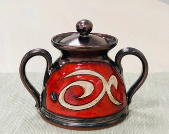 Pottery Sugar Bowl with Swirls - Red Sugar Caddy  Unique Sugar Keeper with Lid, Rustic Kitchen Decor, Hostess gift