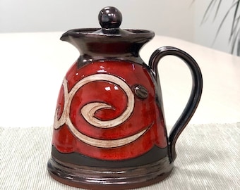 Unique Pottery Creamer Jug - Artisan Ceramic Milk Pitcher, Whimsical Stoneware Creamer, Milk Jug, Red and Bronze Coffee Creamer