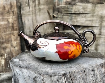 Handmade Pottery Teapot, Ceramic Teapot with Orange Flower, Unique quirky teapot, Home Decor, Wedding gift, Tri Ushi