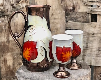 Christmas Gift - Handmade Pitcher and Goblets Wedding set, Wheelthrown Pottery Jug and Glasses set, Handmade Wine Set , Wedding Gift Idea