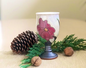 Gift for her, Wine pottery goblet , Ceramic cup, Stoneware cup , Wine glass, Art pottery Chalice , Flower Goblet, Christmas gift