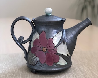 Wheel Thrown Ceramic Teapot - Handmade Pottery Tea Kettle - Clay Tea Pot - Floral Teapot - Earthenware Teapot - Pottery Gift