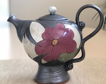 Flower Teapot, Pottery Teapot, Handmade Teapot , Serving Teapot, Stoneware Kettle, Ceramic kettle , Tea and Coffee pot, Gift for Mom