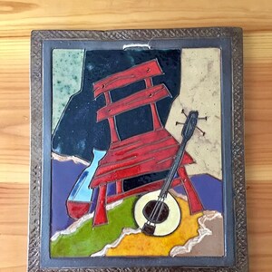 Unique Wall Tile, Contemporary Tile , Kitchen Wall Decor, Modern Home Decor, Ceramic Art Tile, Wall Art Hanging with Chair and Mandolin