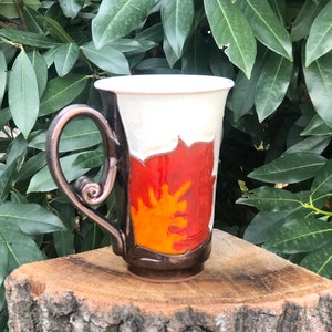 Orange Flower Coffee Mug, Pottery Mug Wheel Thrown, Earthenware Tea Mug, Handmade Pottery Teacup, Unique Mug, Birthday Gift, Tri Ushi image 2
