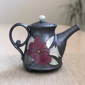 Wheel Thrown Ceramic Teapot - Handmade Pottery Tea Kettle - Clay Tea Pot - Floral Teapot - Earthenware Teapot - Pottery Gift