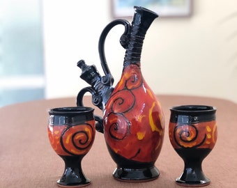 Handmade Ceramic Pitcher and Goblets, Red Pottery Wine Pitcher and Pottery Cups Set, Decanter Set with glasses, Unique Wedding Gift Set