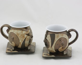 Pottery Coffee and Tea Mugs, Rustic coffee set, Ceramic teacup set, Anniversary gift, Pottery  Mug and saucer Set , Tri Ushi