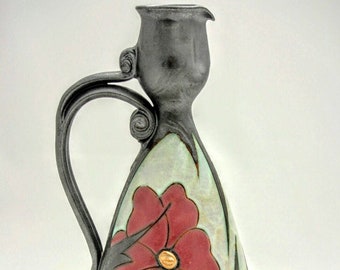 ハンドメイド陶器ピッチャー：ハンドル付き陶器製水差し、30オンス
