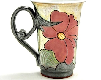 Ceramic Coffee Mug, Wheel Thrown Pottery Cup, Floral Mug, Unique Stoneware Teacup, Hostess gift, Tri Ushi