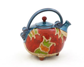 Ceramic Teapot Handmade, Clay Teapot Hand Painted- Red and Blue Glaze, Pottery Teapot, Unique Teapot, Gift for Tea Lover