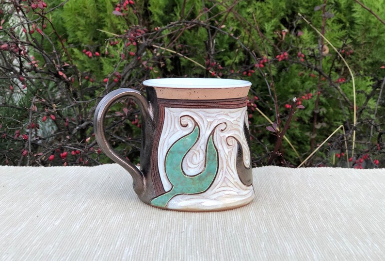Ceramic Coffee Mug, Pottery mug, Gold and Green Mug, Tea Mug, Coffee Lovers Gift, Mugs Pottery, Unique Coffee mugs image 1