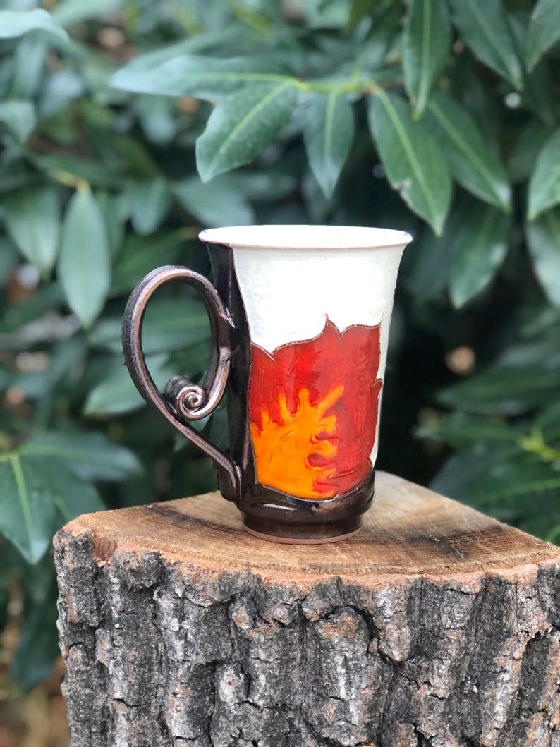 Ceramic Coffee Mug, Orange Flower Cup, Wheel Thrown Pottery Mug, Handmade Teacup, Coffee Lovers Gift, Tri Ushi image 6