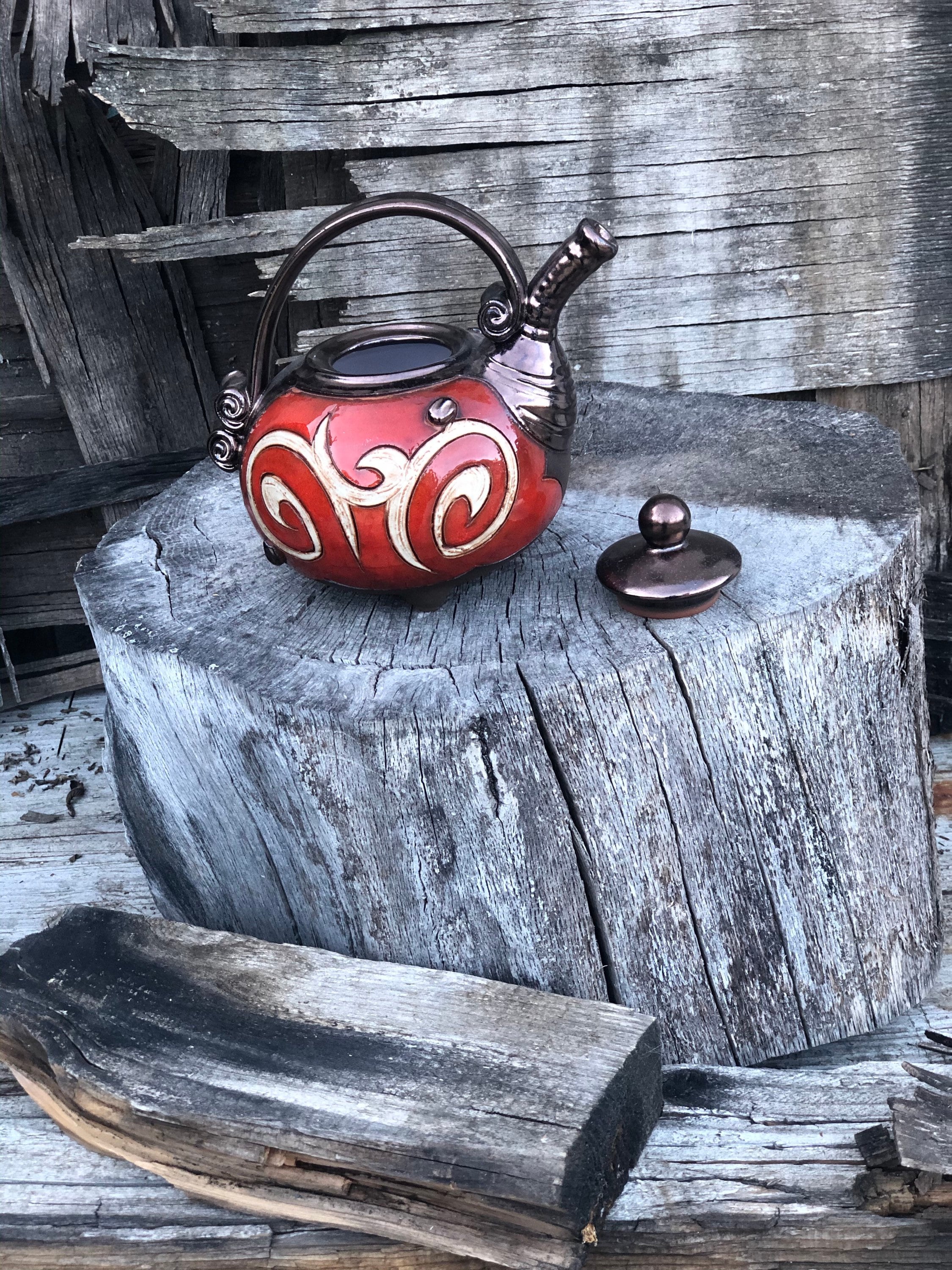 Red Teapot Set, Handmade Tea Pot / Cups/ Creamer Set