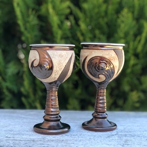 Unique Wine Glass, Wheelthrown Pottery Goblet, Long Stem Ceramic Cup, Stoneware Chalice Set of 2 Goblets