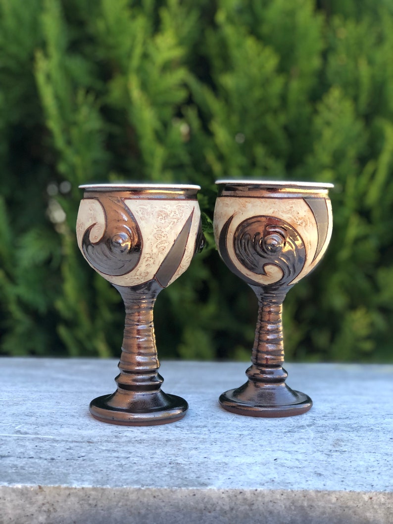 Unique Wine Glass, Wheelthrown Pottery Goblet, Long Stem Ceramic Cup, Stoneware Chalice Set of 2 Goblets