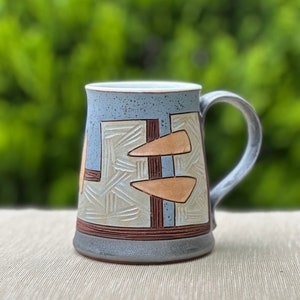 Large Coffee Mug, Blue Patterned Mug, Pottery Beer Mug, Unique Ceramic Stein, Beer Lover Gift