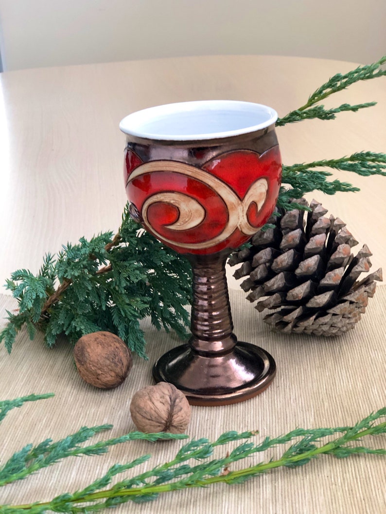 Christmas Gift Ceramic Wine Glass, Handmade Pottery Goblet, Red Pottery Chalice, Wedding Glass, Gift for her, Art Pottery Wine Glass image 5