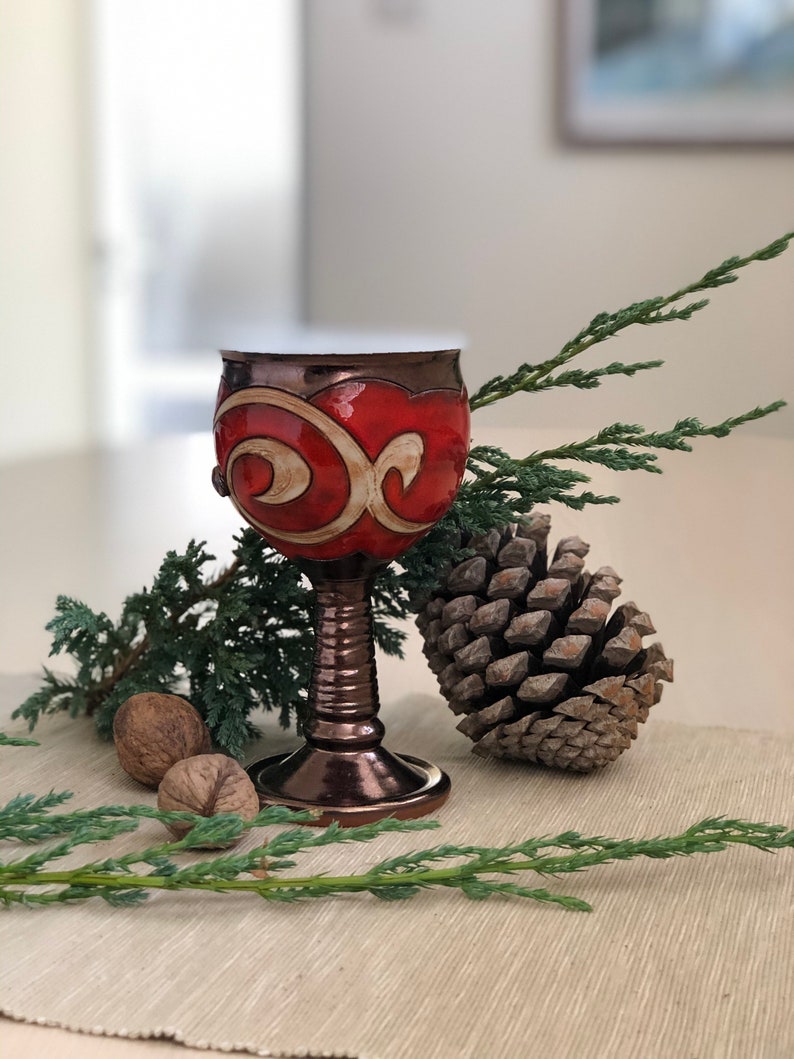 Christmas Gift Ceramic Wine Glass, Handmade Pottery Goblet, Red Pottery Chalice, Wedding Glass, Gift for her, Art Pottery Wine Glass image 6