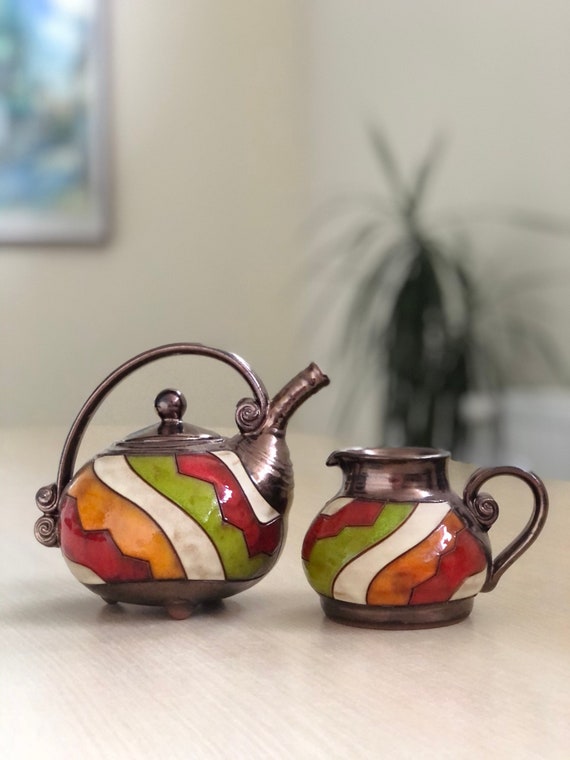 Cute Wheelthrown Pottery Teapot Stripy Tea Pot Ceramic Small 