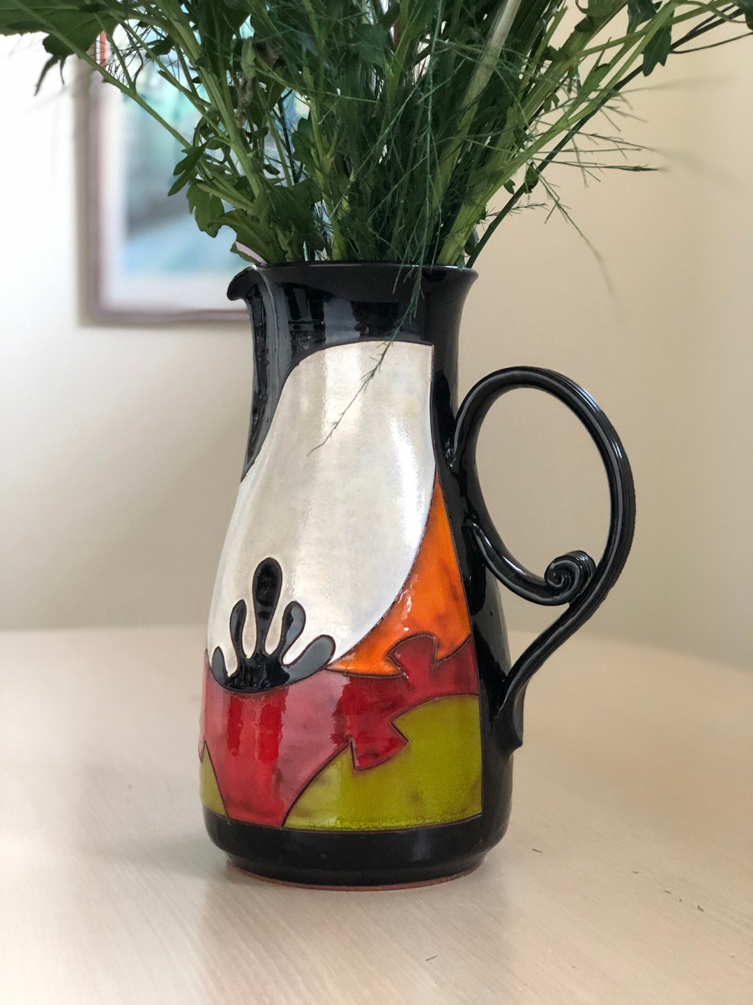 Art Deco Pottery Pitcher, Large Serving Jug, Ceramic Wine Decanter