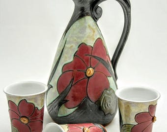 Christmas Gift - Flower Pitcher & cups, Ceramic Pitcher Set, Water Pitcher and 4 tumblers, Pottery Ewer set,  Wedding gift