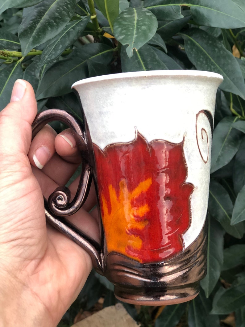 Ceramic Coffee Mug, Orange Flower Cup, Wheel Thrown Pottery Mug, Handmade Teacup, Coffee Lovers Gift, Tri Ushi image 3