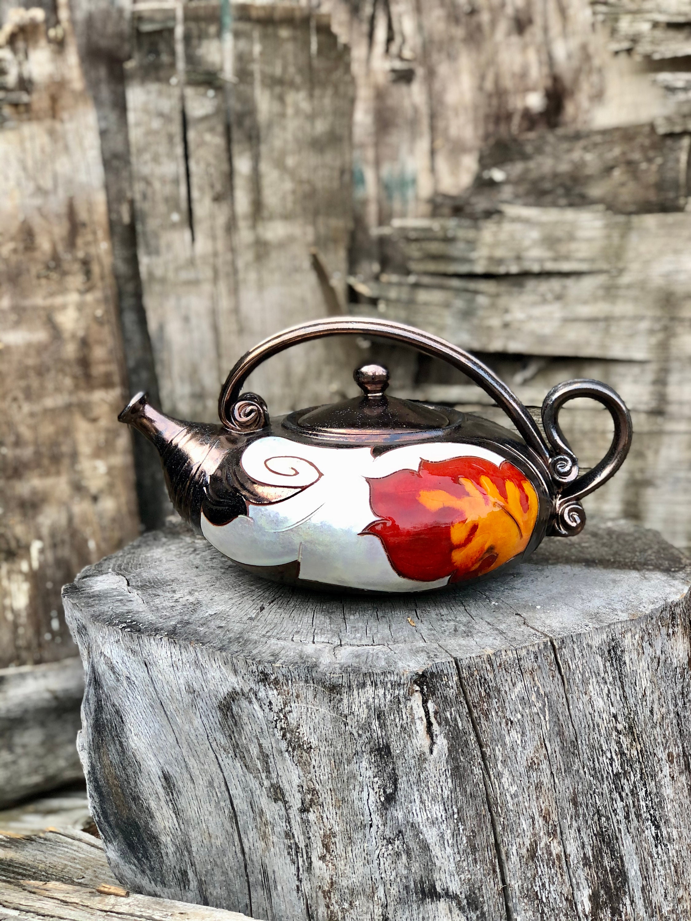Handmade Pottery Teapot, Ceramic Teapot with Orange Flower, Unique quirky teapot, Home Decor, Wedding gift, Tri Ushi