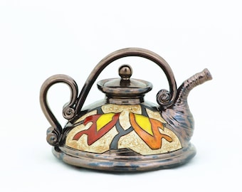 Christmas GiftRustic Teapot, Colourful Coffee Pot, Handmade Ceramic Tea Pot, Wedding gift, Unique Tea Maker, Tri Ushi