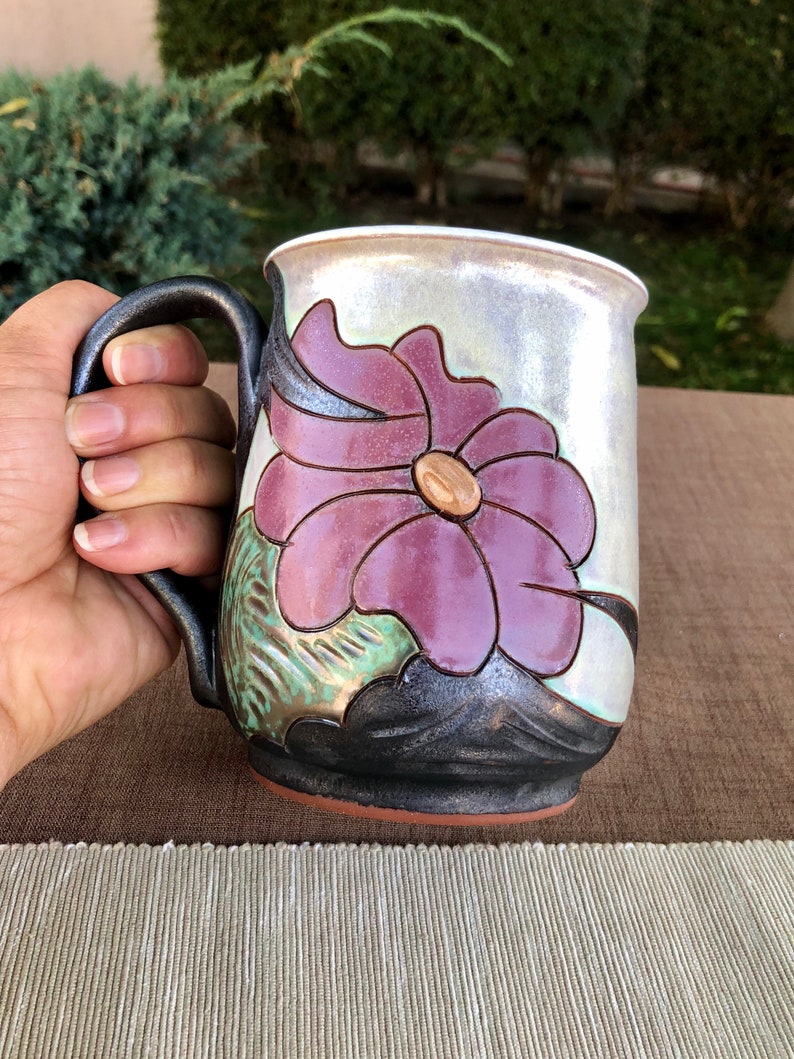 Large Floral Mug, Pottery Beer mug, Handmade Ceramic Stein, Stoneware Tankard Mug, Beer Lover Gift image 1