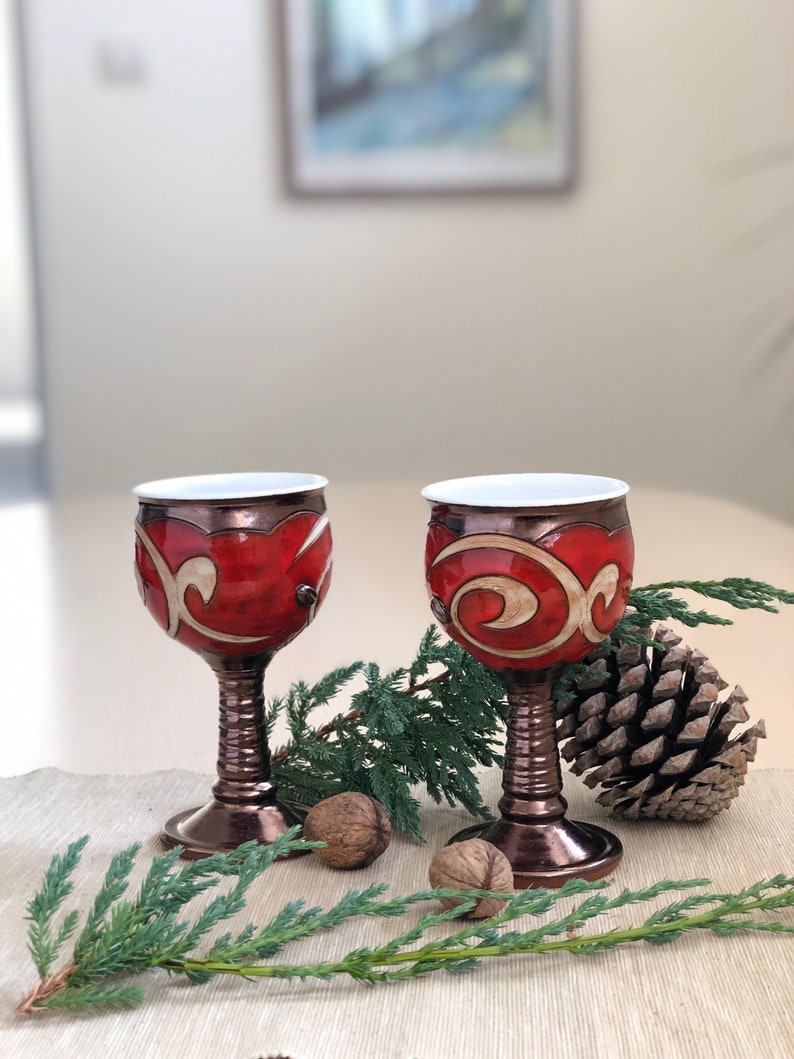 Christmas Gift Ceramic Wine Glass, Handmade Pottery Goblet, Red Pottery Chalice, Wedding Glass, Gift for her, Art Pottery Wine Glass image 8