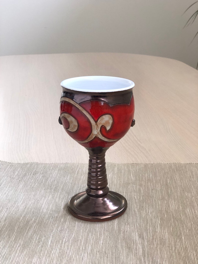 Christmas Gift Ceramic Wine Glass, Handmade Pottery Goblet, Red Pottery Chalice, Wedding Glass, Gift for her, Art Pottery Wine Glass image 4