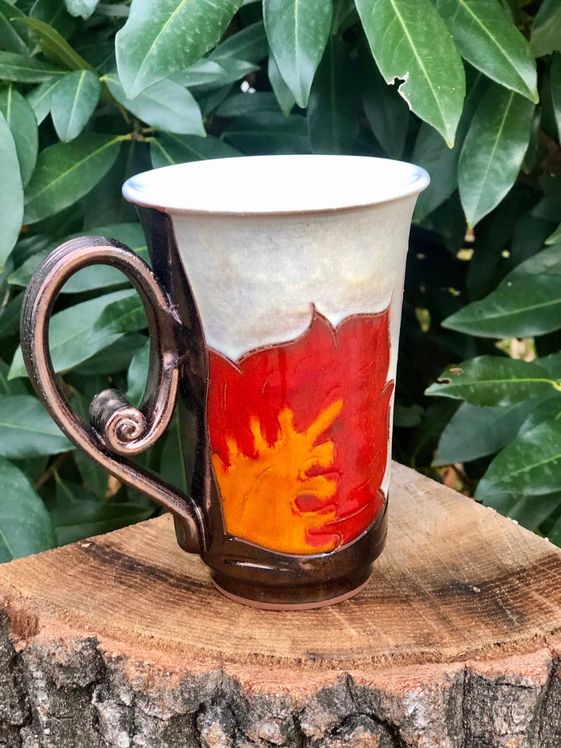 Ceramic Coffee Mug, Orange Flower Cup, Wheel Thrown Pottery Mug, Handmade Teacup, Coffee Lovers Gift, Tri Ushi image 5