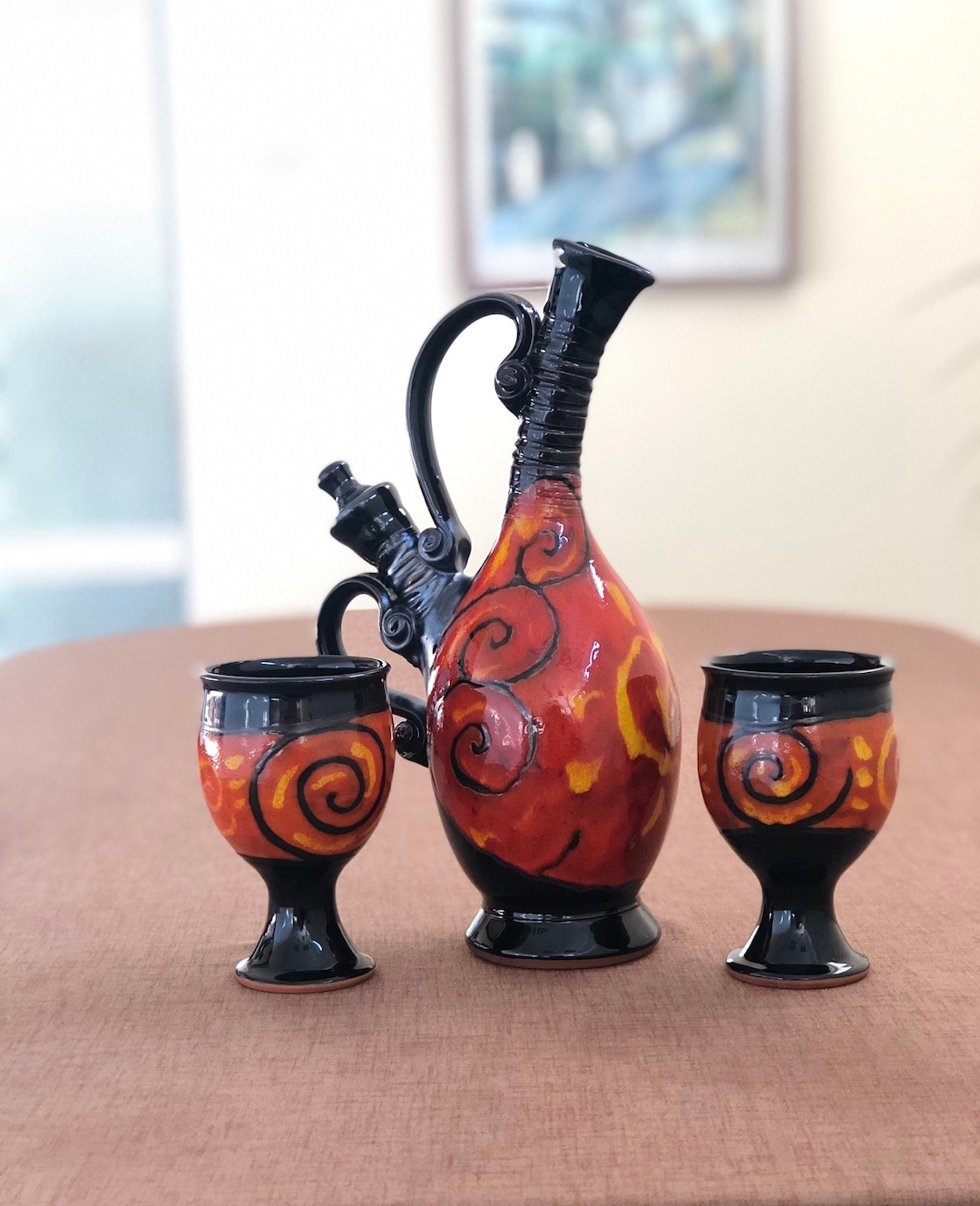 Set Brocca 1L E 6 Bicchieri 200 Ml In Ceramica Vietrese – Dipinto A Mano, Stile Mediterraneo, Per Acqua E Vino