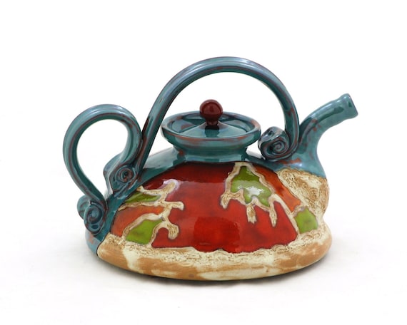 Vintage Ceramic Artist Made Multi-turquoise Color Tea Pot 