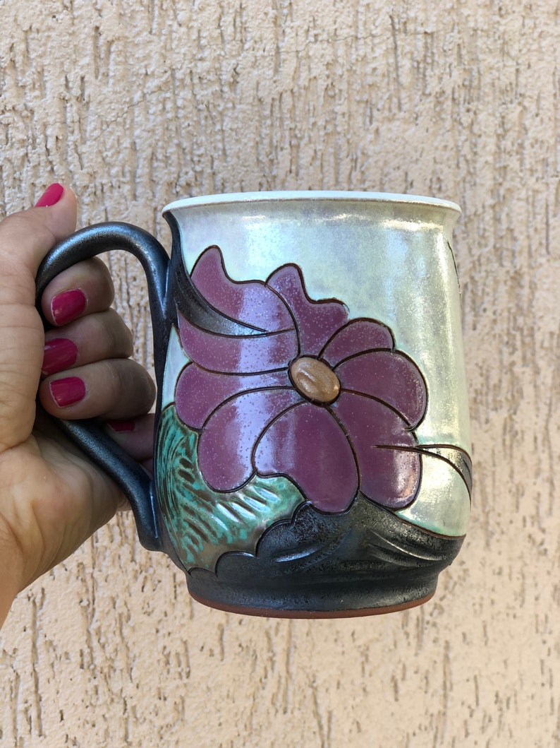 Large Floral Mug, Pottery Beer mug, Handmade Ceramic Stein, Stoneware Tankard Mug, Beer Lover Gift image 10