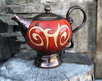 Handmade Ceramic Teapot, Art Pottery Tea Pot, Red Wheel thrown Teapot, Colorful Pottery gift, Anniversary gift