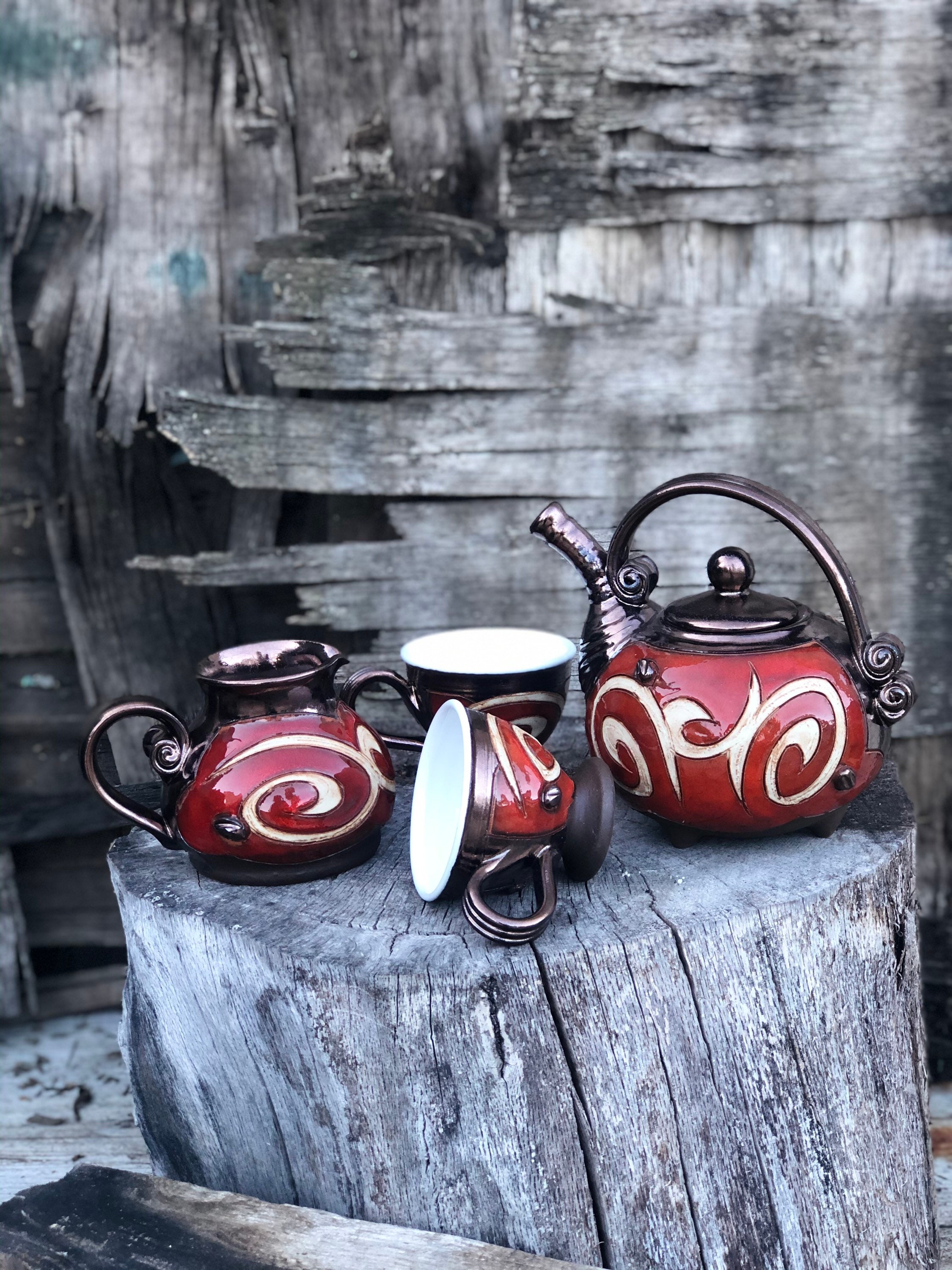 季節のおすすめ商品 Red Teapot Set Creamer Cups/ / Pot Tea Handmade Set, その他