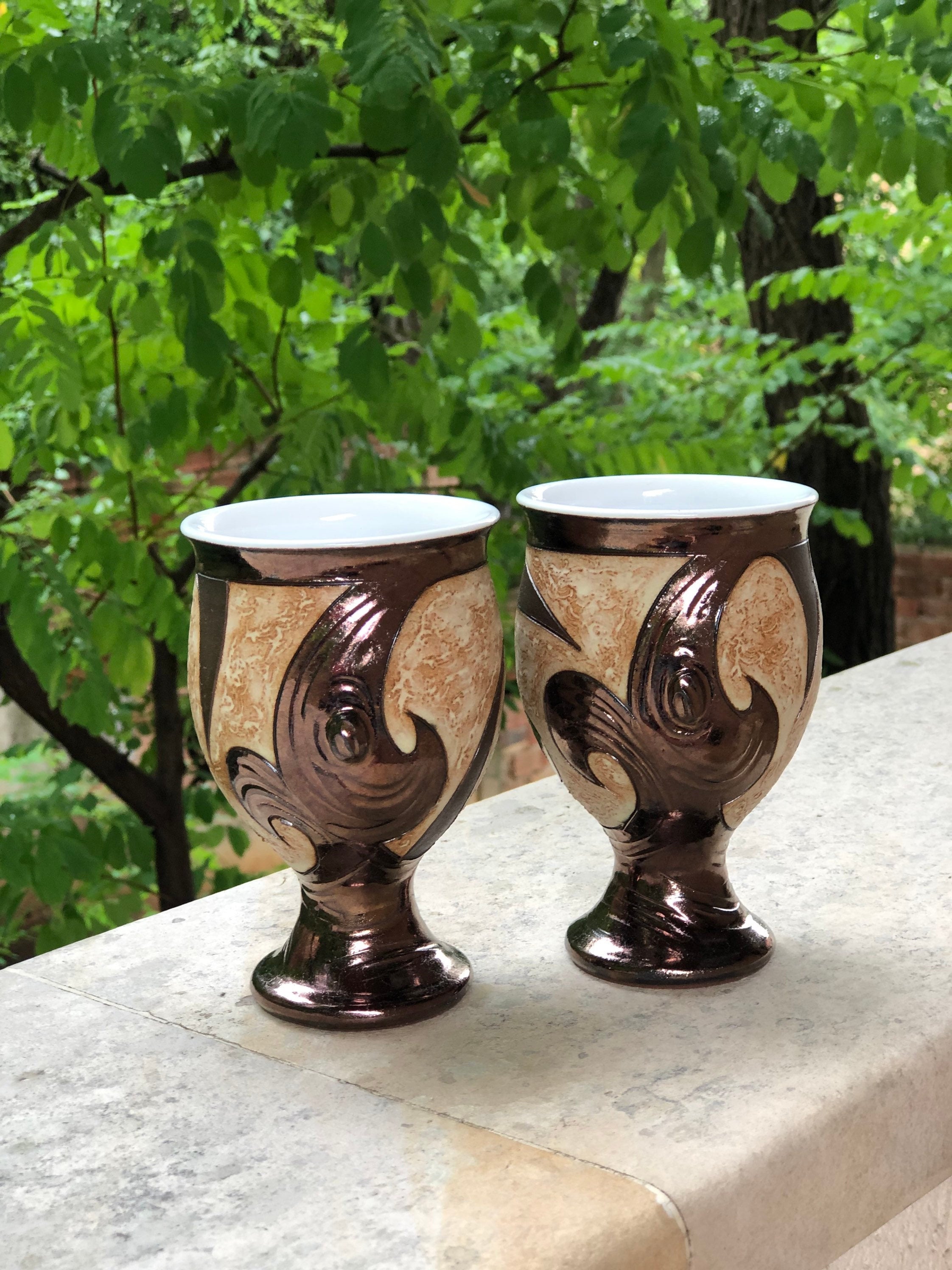 Art Pottery Goblet Set, Handmade Ceramic Wine Glasses, Brown  Set of (2), Unique, Hand-Crafted Pottery Chalices / Goblets, One of a Kind main image 0