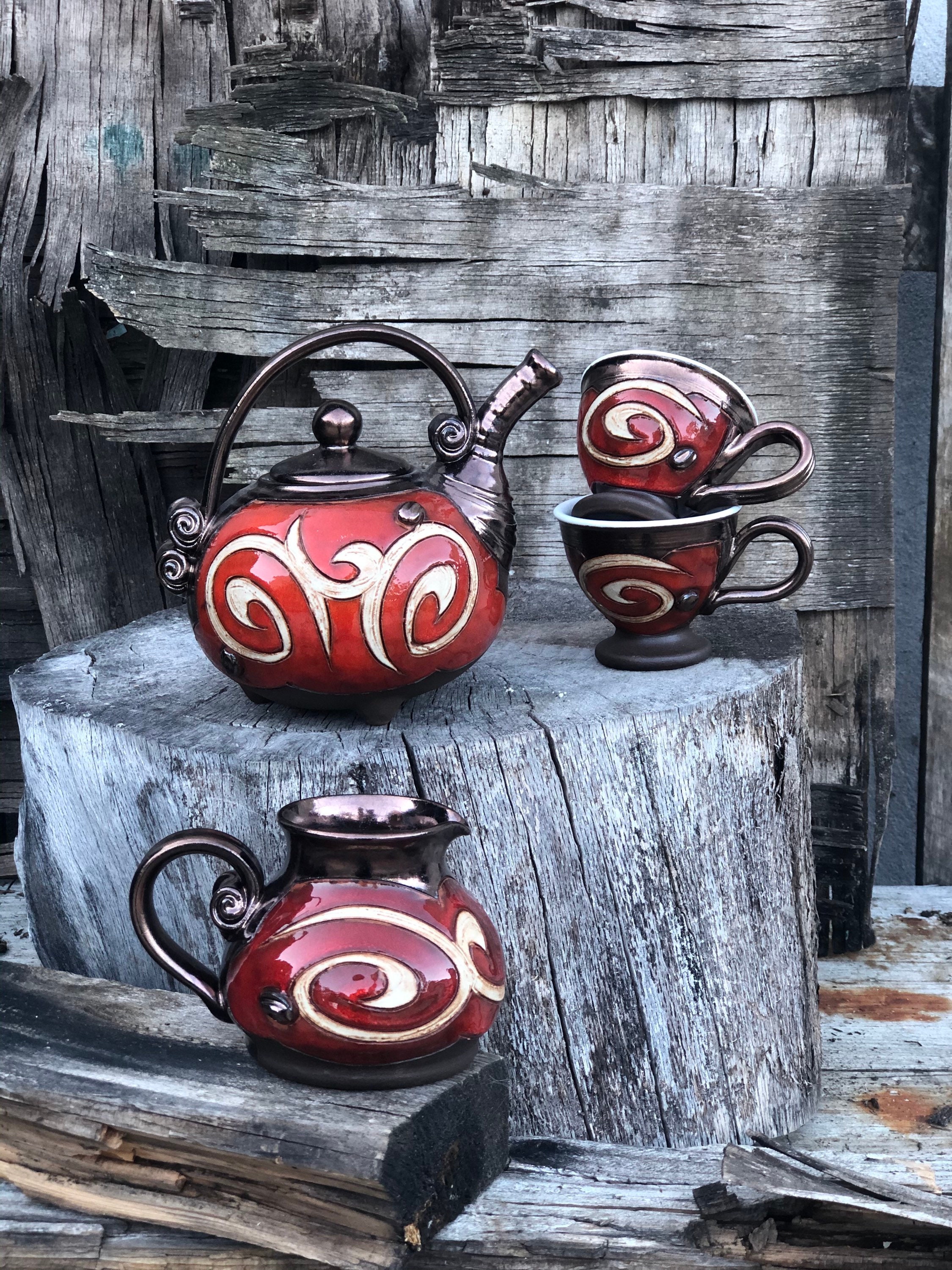 Red Teapot Set, Handmade Tea Pot / Cups/ Creamer Set Red Teapot Set, Handmade Tea Pot / Cups/ Creamer Set