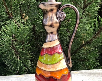 Christmas Gift - Vinegar Cruet, Bronze and Rainbow Oil Cruet, Oil and Vinegar Pottery Cruet, Handmade Ceramic Oil Dispenser, Hostess gift