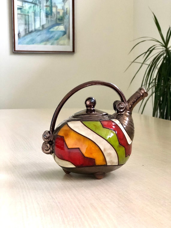 Cute Christmas Gift Cute Ceramic Teapot, Colorful Tea Serving Pot, Wheel Thrown Pottery Tea Pot, Handmade Tea Kettle 