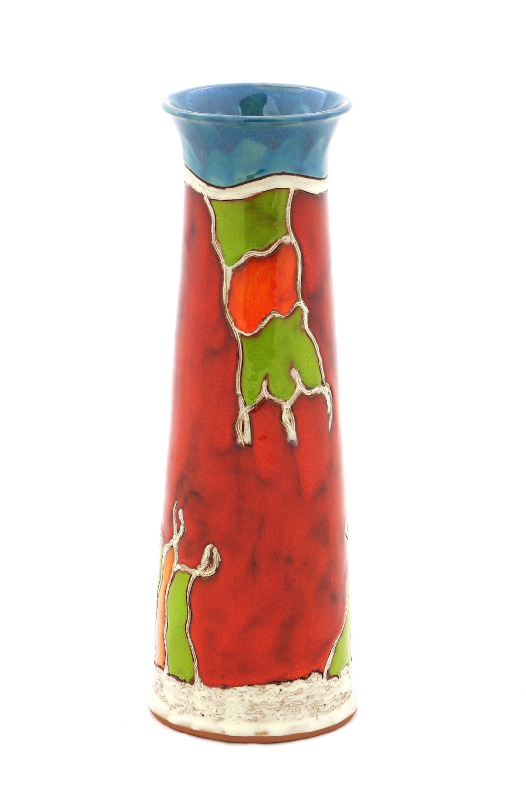 Turquoise Flower Vase, Tall Ceramic Vase, Cylinder Clay Vase, Wheel